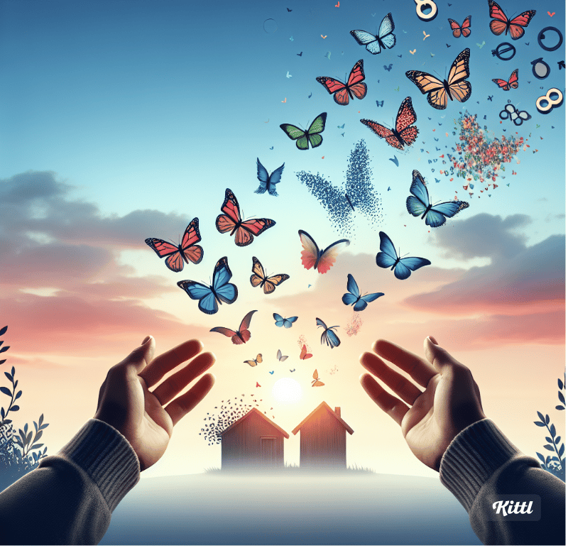 person holding their hands up to a house with butterflies. "Think Like a Monk: Train Your Mind for P
