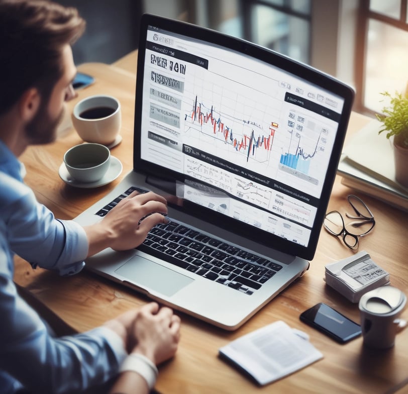  um homem sentado em uma mesa com um laptop e uma xícara de café