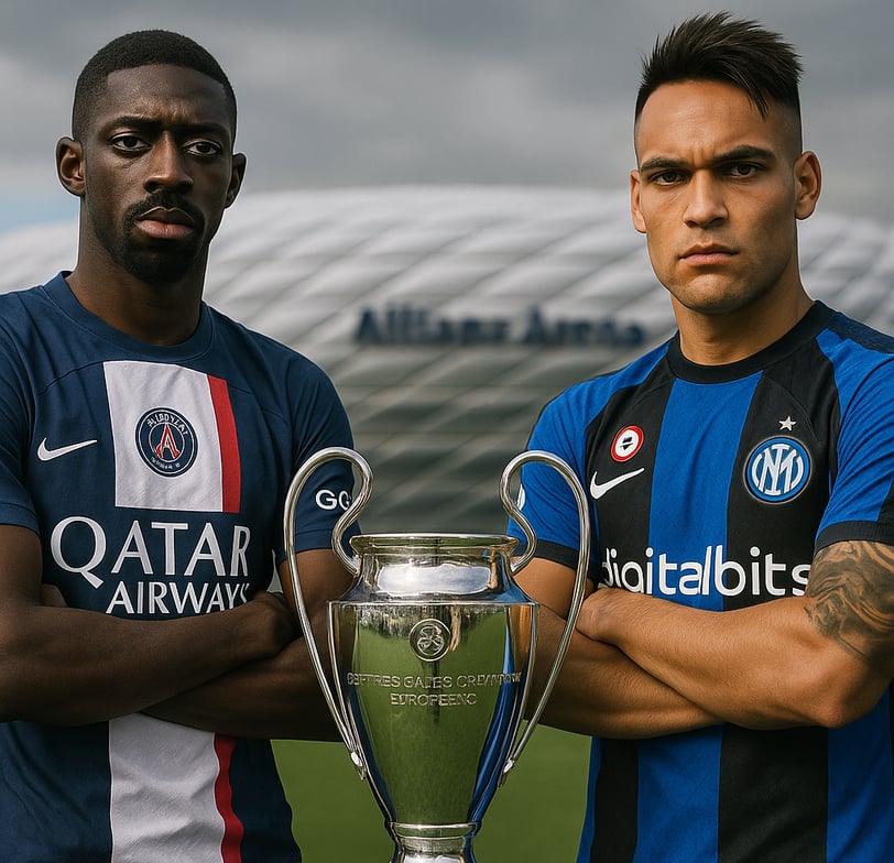 Dembélé e Lautaro lado a lado com o troféu da Champions entre eles, Allianz Arena ao fundo.