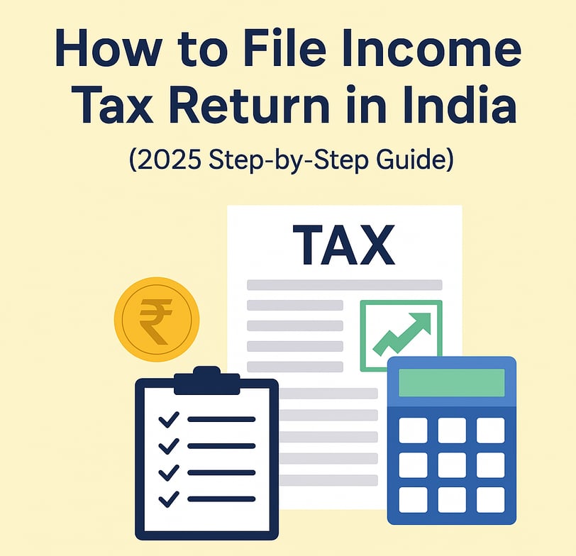 How to File Income Tax Return in India 2025 – infographic showing tax form, rupee symbol, checklist, and calculator for ITR f