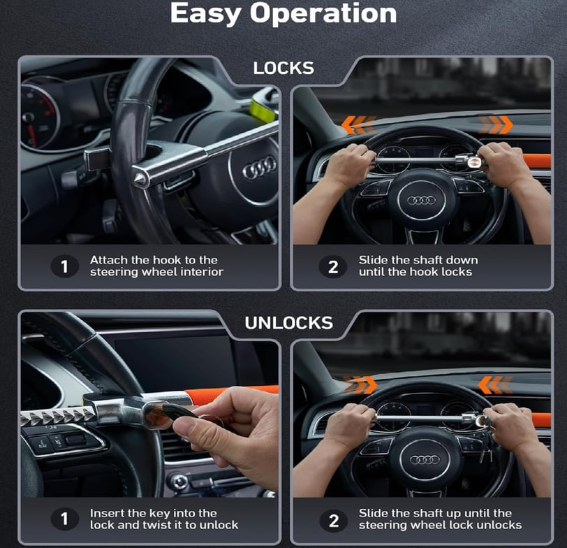 AstroAI steering wheel lock with reflective stripe and adjustable crook lock, designed for cars, SUVs, and trucks