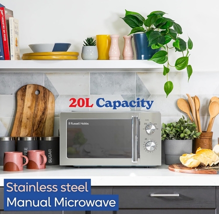 Russell Hobbs 20L Stainless Steel Microwave on kitchen counter