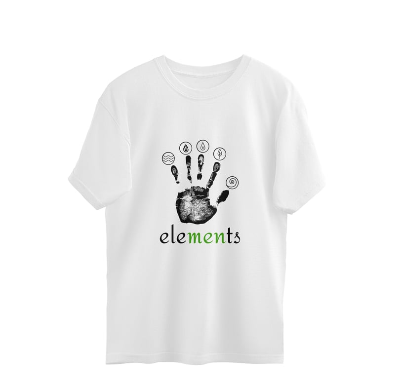a white oversized cotton tshirt with a hand print of a palm depicting the five elements of nature