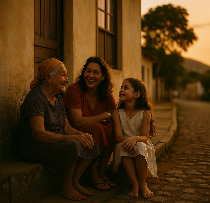 Três gerações de mulheres conversando na calçada ao pôr do sol em cidade do interior do Brasil