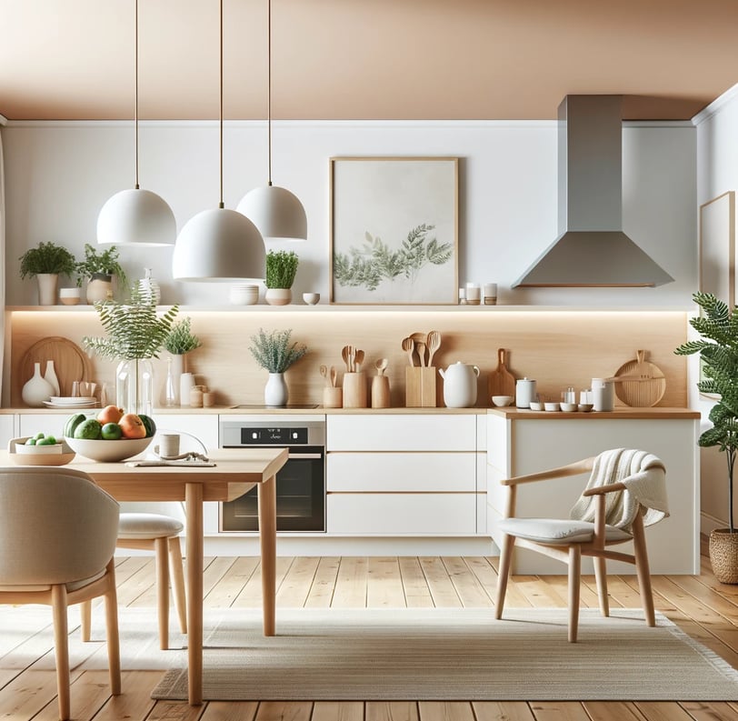 Cozinha moderna e wellness com mesa de madeira e plantas.