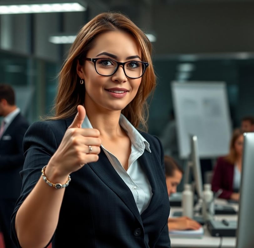 a woman in a suit and glasses giving a thumbs up