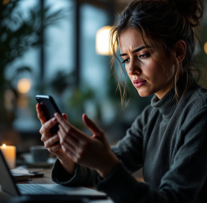 woman looking at her phone and frowning