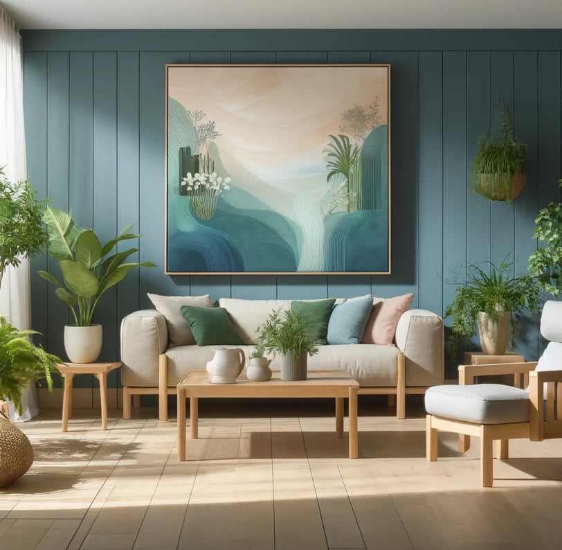 Sala de estar wellness com tons pastel, plantas e móveis de madeira.