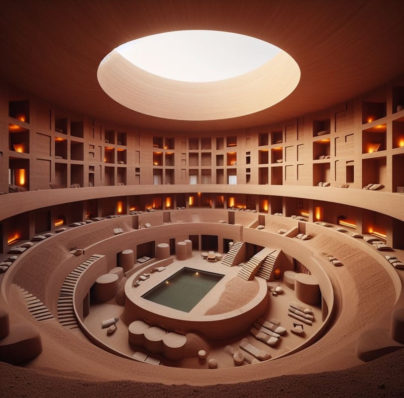 a circular shaped building with a pool and a skylight