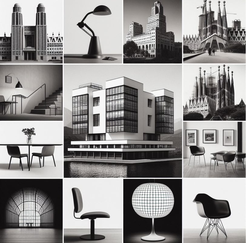 a collage of black and white photographs of architecture