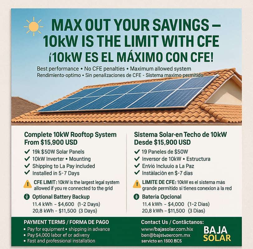 10kW solar system Baja California Sur,, Buy 10kW solar system Mexico,, Grid-tied solar system