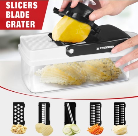 16-in-1 vegetable chopper slicing cucumbers and carrots with interchangeable blades.