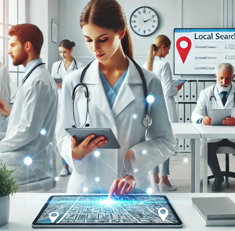 a doctor's office with a tablet and Local Seo for doctor