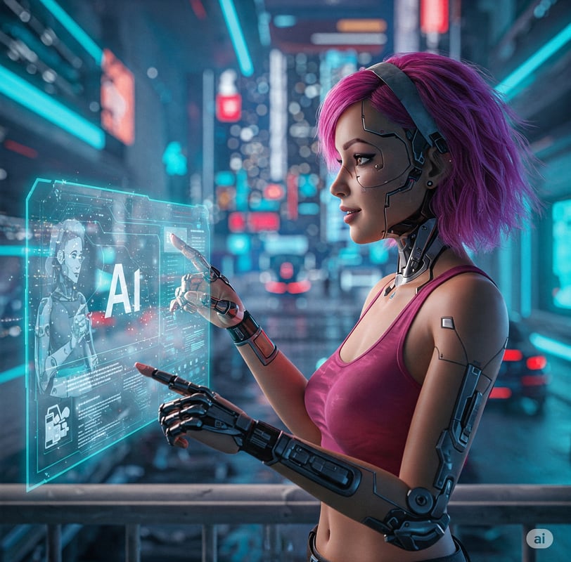 a woman in a pink top and a robot hand holding a tablet