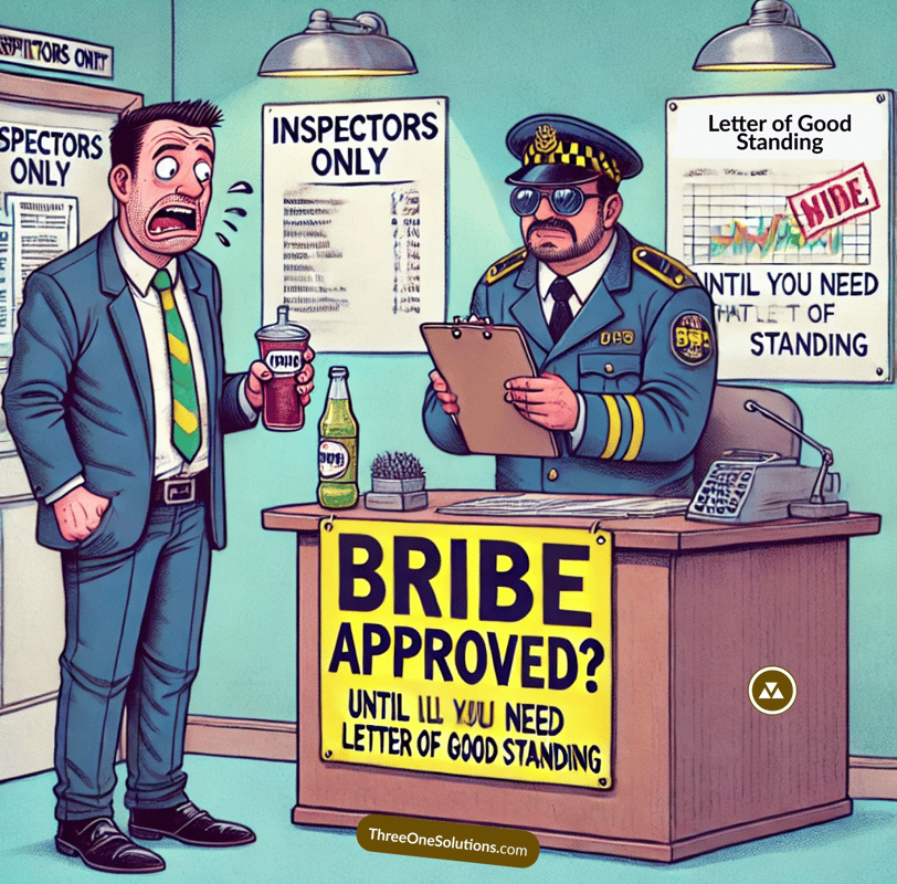 A confident businessman thinking, "I just need that Letter of Good Standing; it'll be fine.