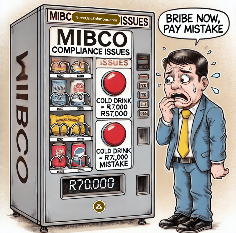 A vending machine labeled "MIBCO Compliance Issues" with a button for "Cold Drink = R70,000 Mistake.