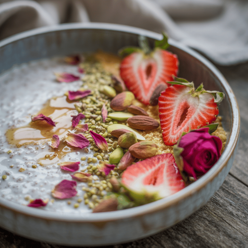 Coconut millet breakfast bowl topped with rose petals and pistachios.