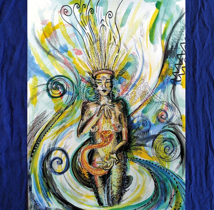 Aquarelle représentant une cabocla et l'energie du kundalini