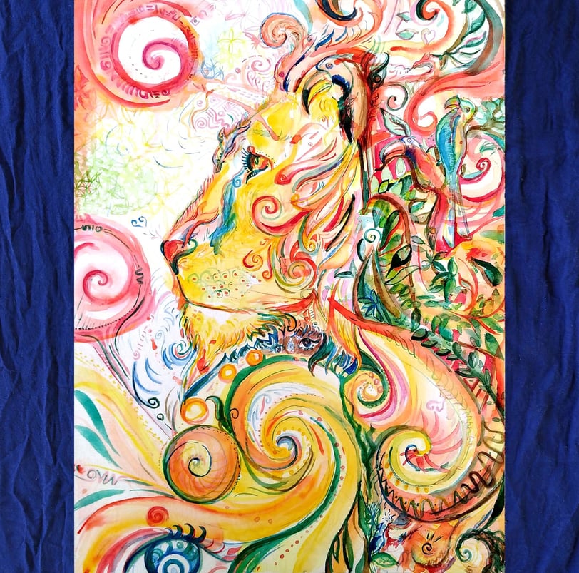 détails d'une Aquarelle aux tons orangés dans laquelle on peut distinguer un lion et un tas d'autres animaux plutôt endémique
