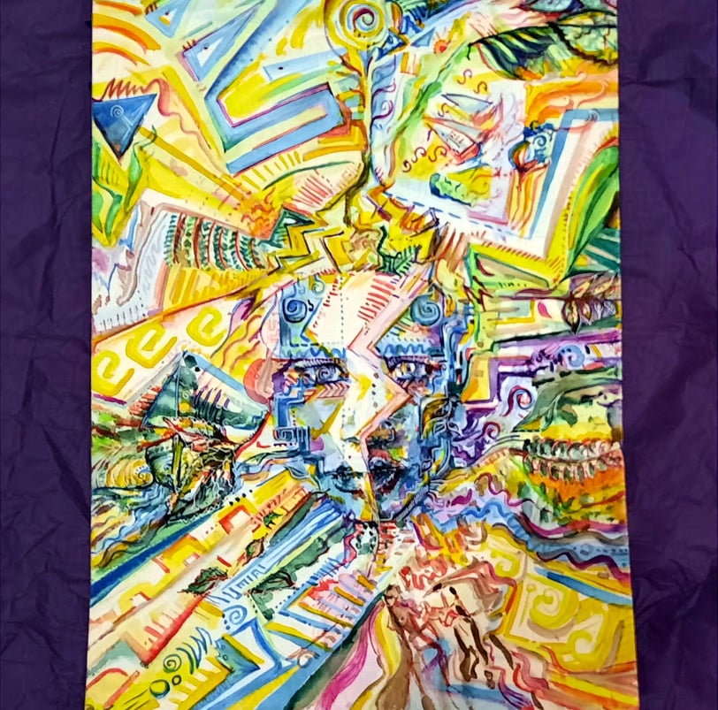 aquarelle aux couleurs vives, visage,, bateaux, végétations, abstrait et figuratif