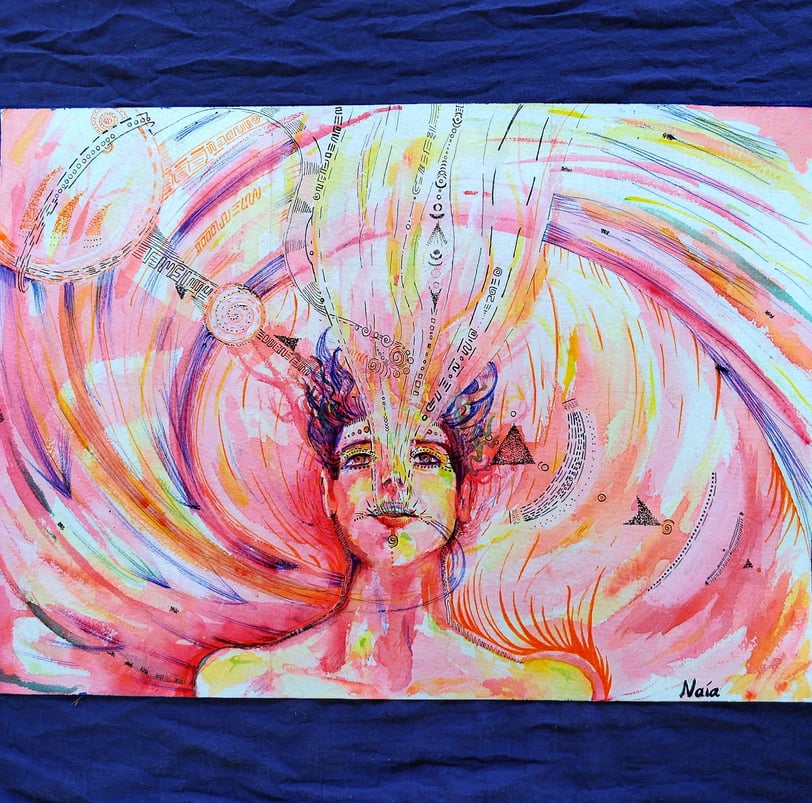autoportrait de Naía à l'aquarelle aux tons rouges, avec un flux d'information qui s'échappe de sa bouche