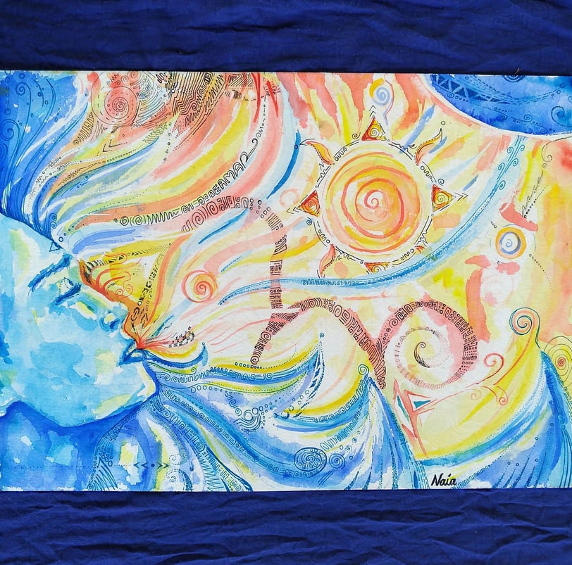 Paysage marin agité à l'aquarelle et psychédélies sur des tons orangés et bleus