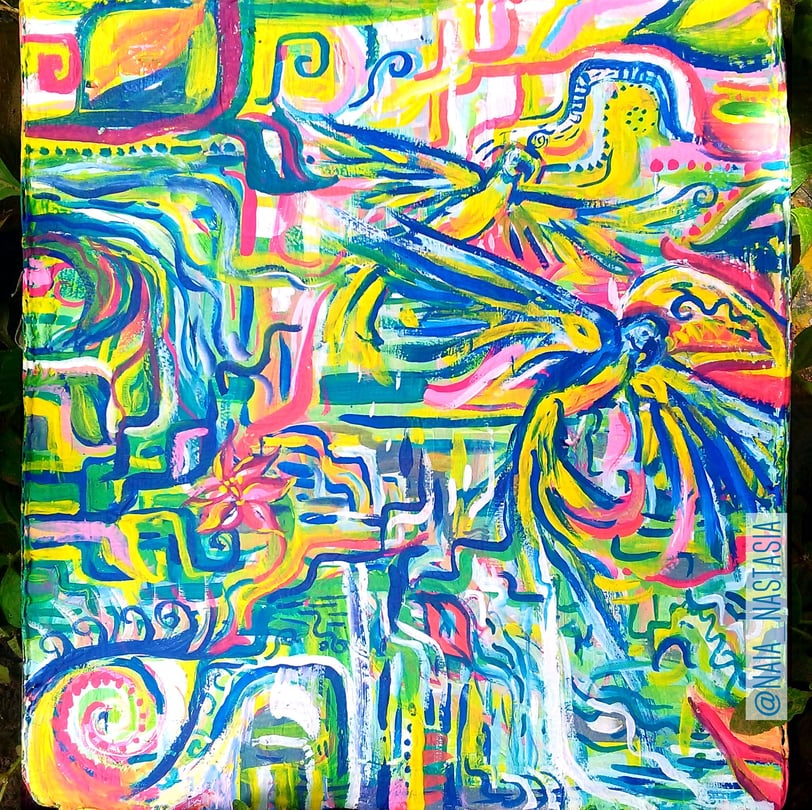 peinture aux couleurs vives entre abstrait et concret, avec fleurs cascade et perroquets