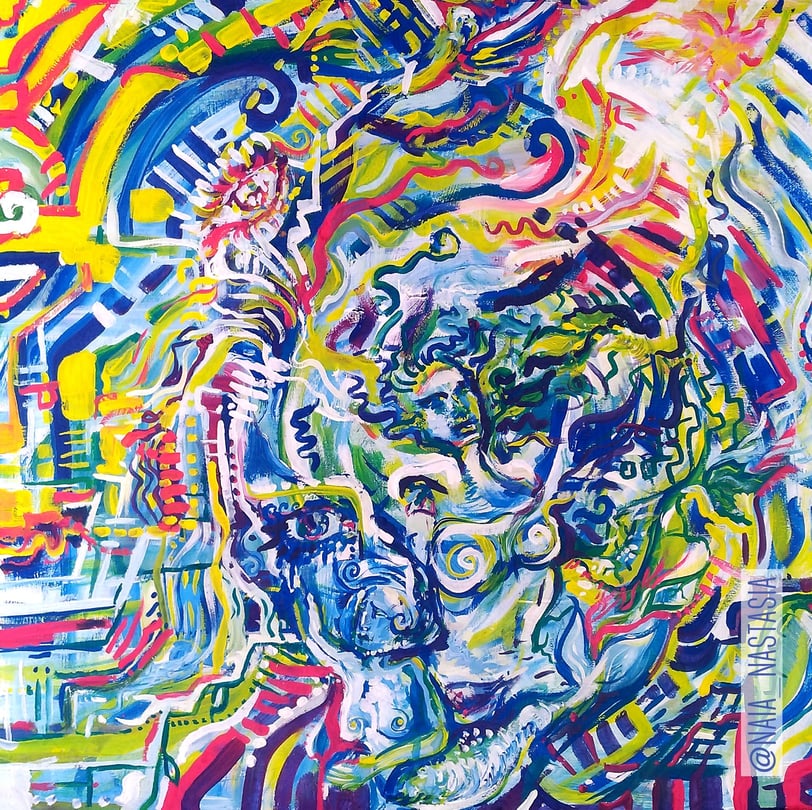 peinture acrylique comportant de nombreux détails colorés entre visage corps mythiques et paysages