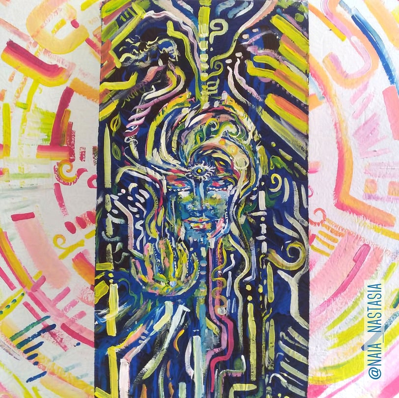 peinture acrylique sur fond obscur avec un visage et des formes géométriques colorées
