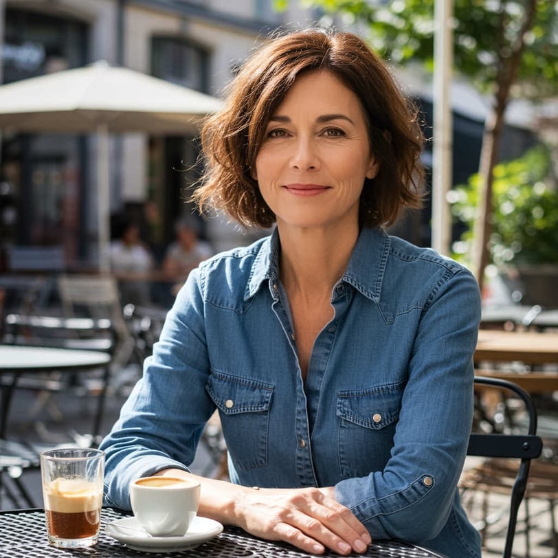 Femme brune assise devant une tasse de café