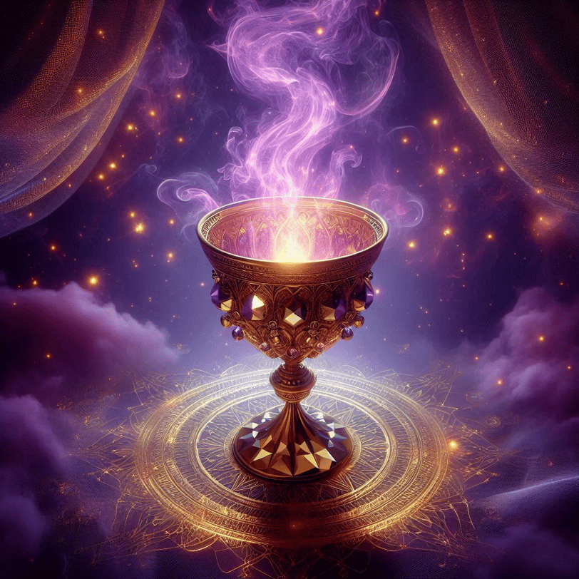 Artistic depiction of a violet flame in a golden cup with intricate sacred geometry patterns beneath