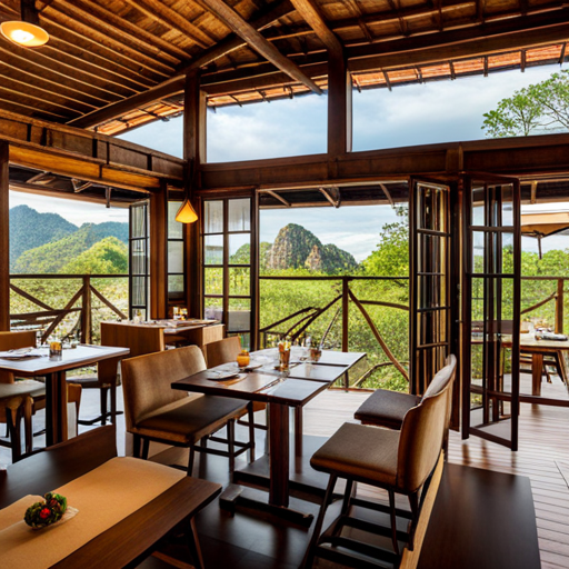 a restaurant with a view of the mountains