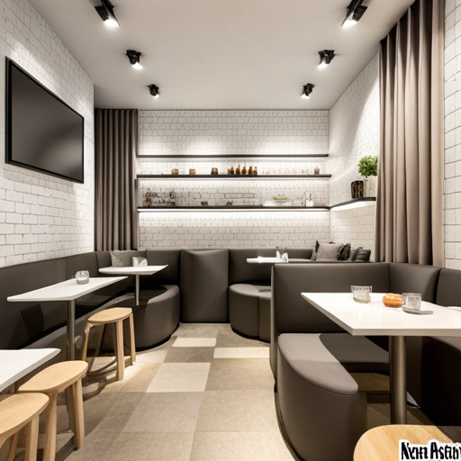 a restaurant with a large white brick wall and a television