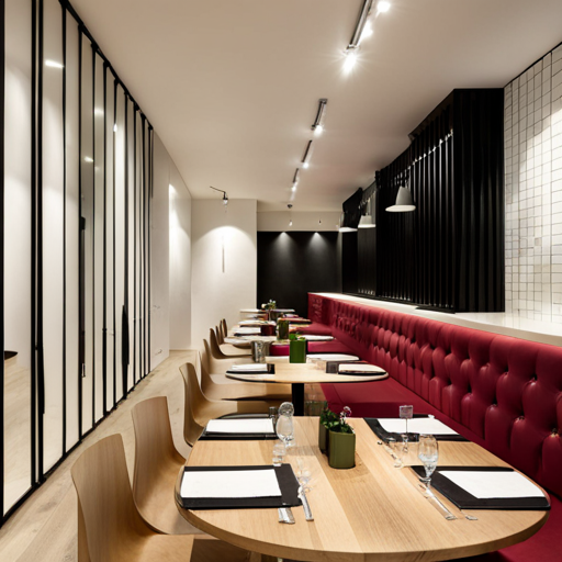 a restaurant with a long table and chairs