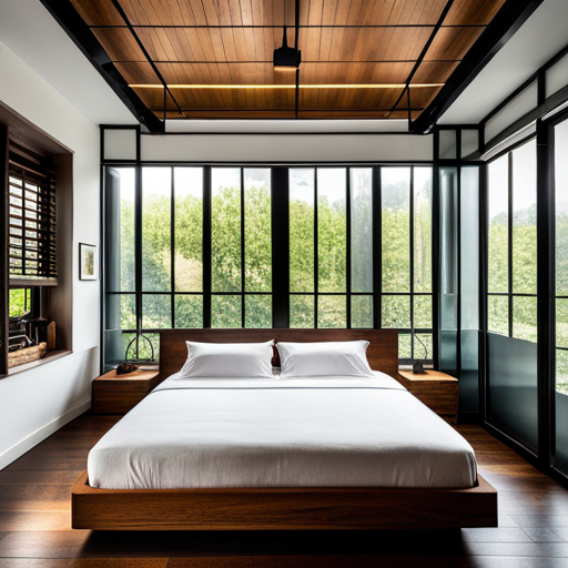 a bed with a large bed and a wooden floor
