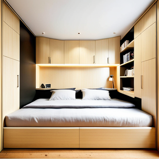 a bed with a bed and a book shelf