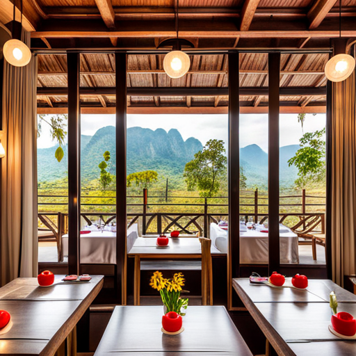 a restaurant with tables and chairs and a view of mountains