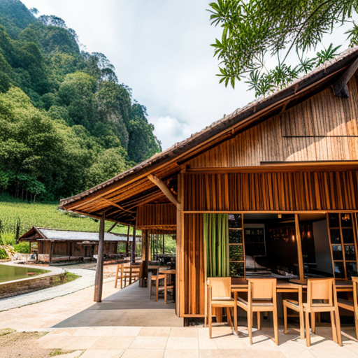 a wooden table and chairs in a small outdoor area