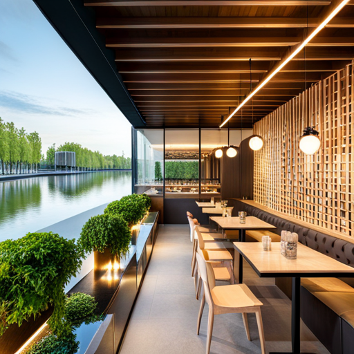 a restaurant with a long table and chairs
