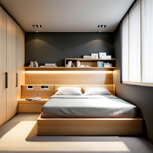 a bed with a bed and a book shelf