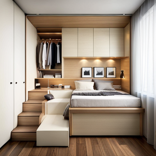 a bedroom with a bed and stairs leading to a closet