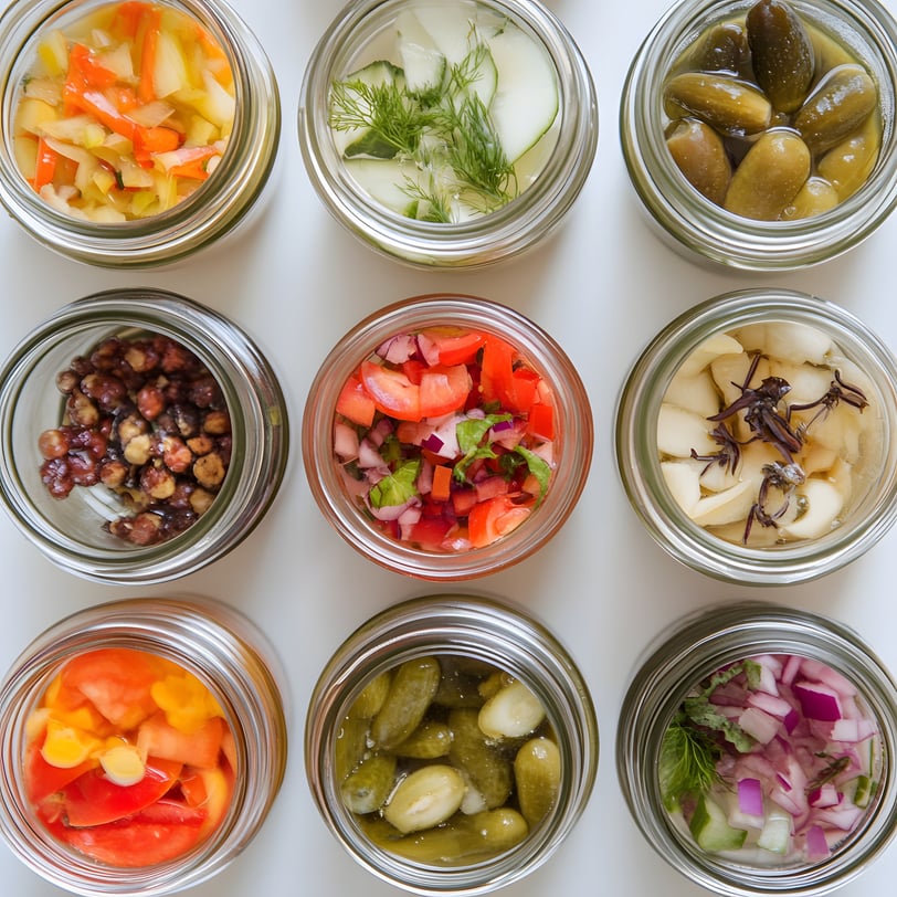 Homemade pickled vegetables in jars for food preservation and emergency prepping.