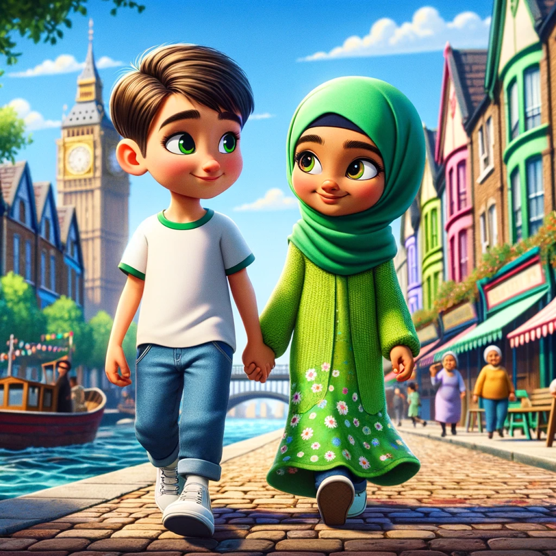 A semi-realistic animated scene in London, depicting Amina and Yusuf, two 8-year-old children, walki