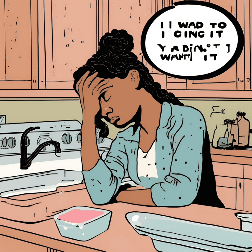 “A person reluctantly washing dishes with crossed arms, a thought bubble reading ‘I was going to do