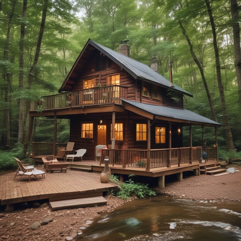 a cabin style cabin with a deck and deck chairs, wedding anniversary, vacation, hot tub, pool