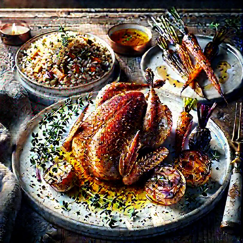 Roasted quail, plated with side dishes and ready to serve.