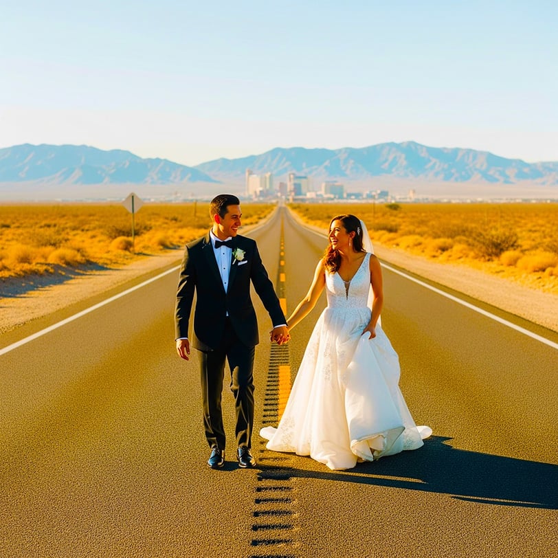 a bride and groom walking down a road