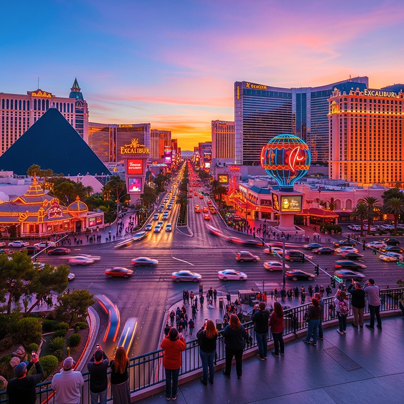 a city street scene with a view of las vegas strip