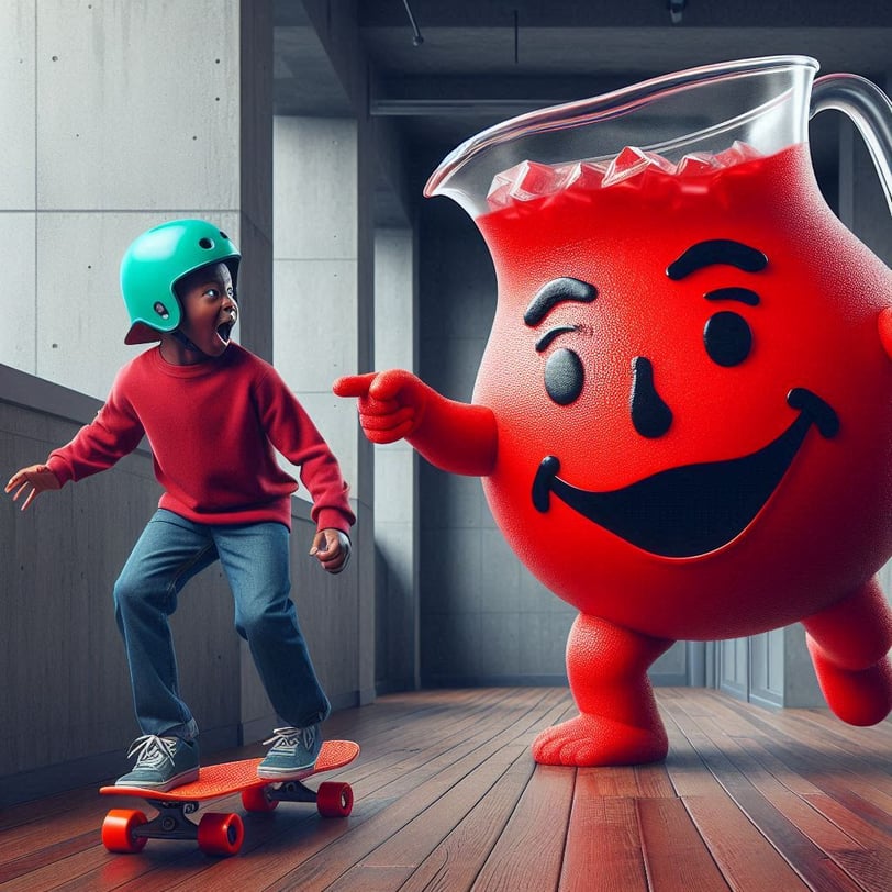 Kool-Aid man warns kid that skateboarding causes cancer.