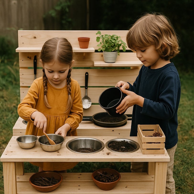 Children playing with a themed mud kitchen styled as a mini outdoor bakery with pretend ingredients.